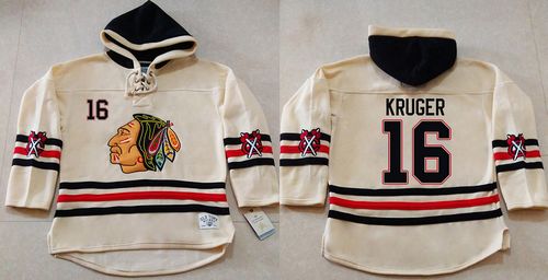 Blackhawks #16 Marcus Kruger Cream Heavyweight Pullover Hoodie Stitched NHL Jersey - Click Image to Close